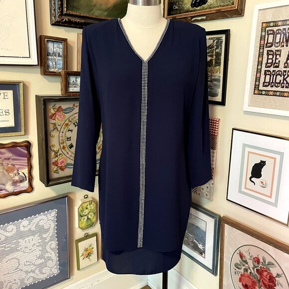 90s Vintage Ursula of Switzerland Midnight Blue Sheath Dress with Rhinestones 12 - Picture 1 of 10
